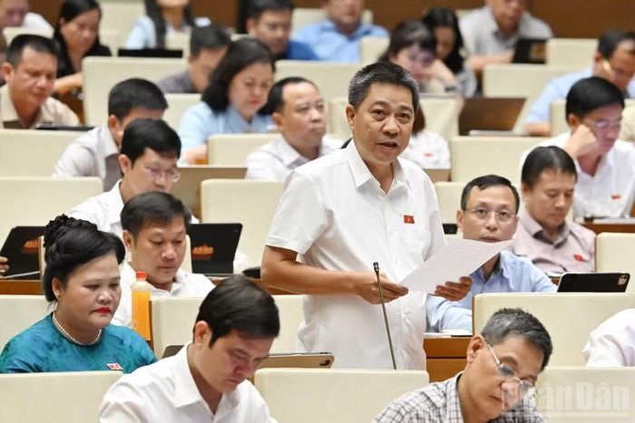 Đại biểu Nguyễn Tiến Nam (Đoàn thành phố Huế) phát biểu tại hội trường. (Ảnh: THỦY NGUYÊN)