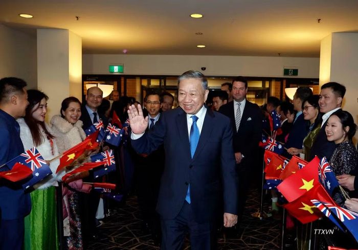 Cán bộ, nhân viên Đại sứ quán, cộng đồng người Việt Nam tại Australia đón Tổng Bí thư, Chủ tịch nước Tô Lâm. (Ảnh: TTXVN)