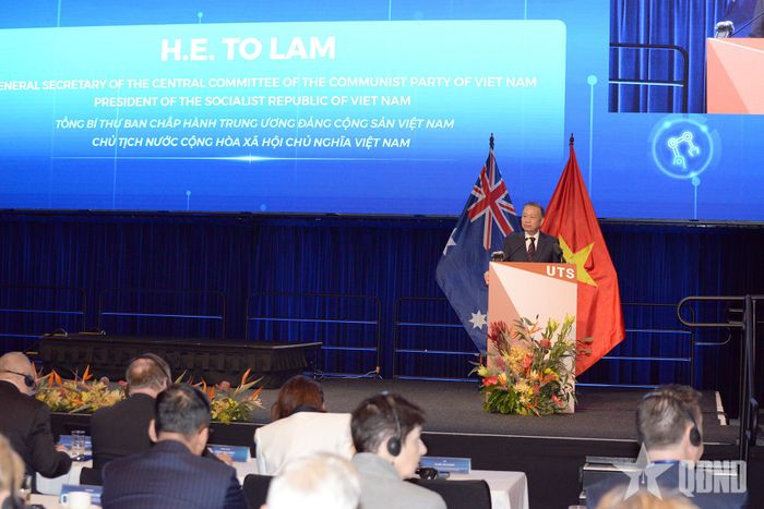 Tổng Bí thư, Chủ tịch nước Tô Lâm phát biểu tại Diễn đàn khoa học công nghệ, đổi mới sáng tạo, đầu tư, giáo dục đào tạo và phát triển nguồn nhân lực Việt Nam - Australia. Ảnh: PHẠM KIÊN