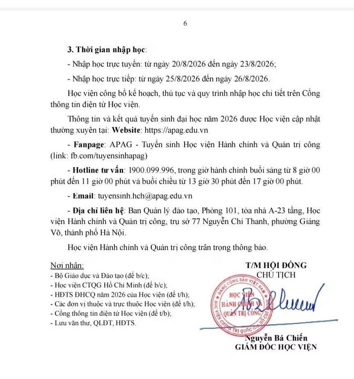 Chi tiết điểm trúng tuyển đại học chính quy và thời gian nhập học đợt 1 năm 2026 của Học viện Hành chính và Quản trị công.
