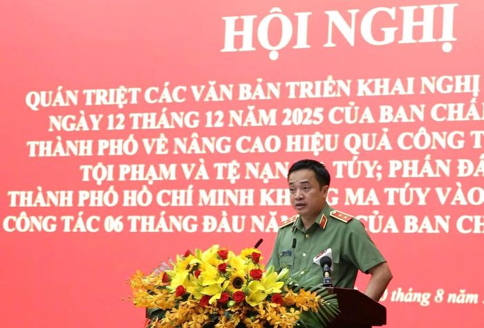 Trung tướng Mai Hoàng thông tin tại hội nghị. Ảnh: Phú Lữ