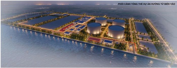 Khu vực triển khai Dự án Kho LNG Bắc Trung Bộ tại Khu kinh tế Vũng Áng, nơi sẽ phát triển hệ thống kho chứa LNG và hạ tầng kỹ thuật đồng bộ (Phối cảnh tổng thể Dự án hướng từ biển vào) - Ảnh: Ban Quản lý Khu kinh tế tỉnh Hà Tĩnh
