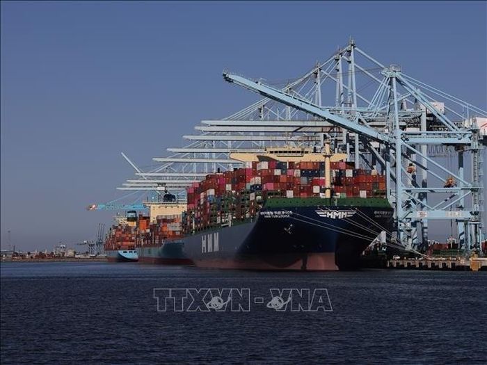 Tàu chở hàng hóa neo tại cảng ở Los Angeles, California, Mỹ. Ảnh THX/TTXVN