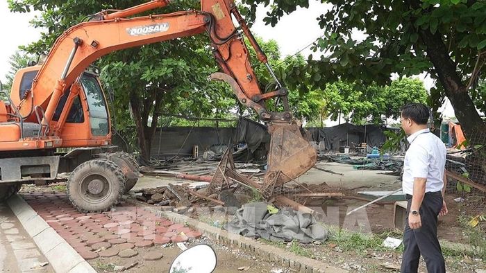 UBND phường Phú Diễn tổ chức xử lý vi phạm trên đất nông nghiệp ở địa bàn. Ảnh: Hùng Mạnh - TTXVN