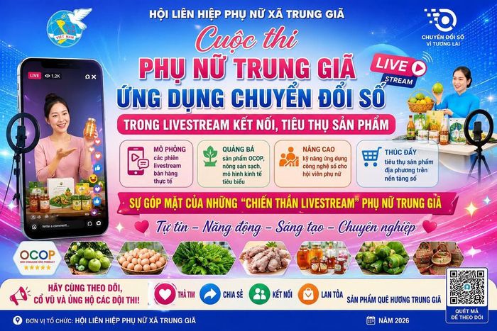 Poster cuộc thi phụ nữ Trung Giã ứng dụng chuyển đổi số trong livestream kết nối, tiêu thụ sản phẩm