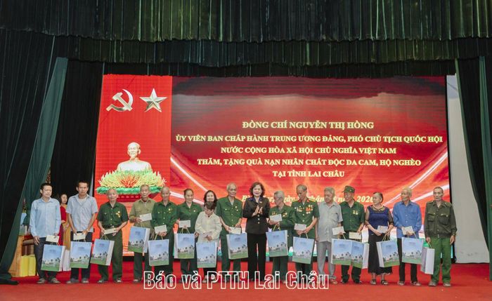 Đồng chí Nguyễn Thị Hồng - Phó Chủ tịch Quốc hội trao quà cho các nạn nhân chất độc da cam và gia đình có hoàn cảnh khó khăn tại xã Bình Lư.