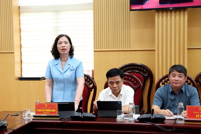 Đồng chí Phạm Thị Phương Hạnh, Tỉnh ủy viên, Giám đốc Sở Y tế phát biểu tại hội nghị.