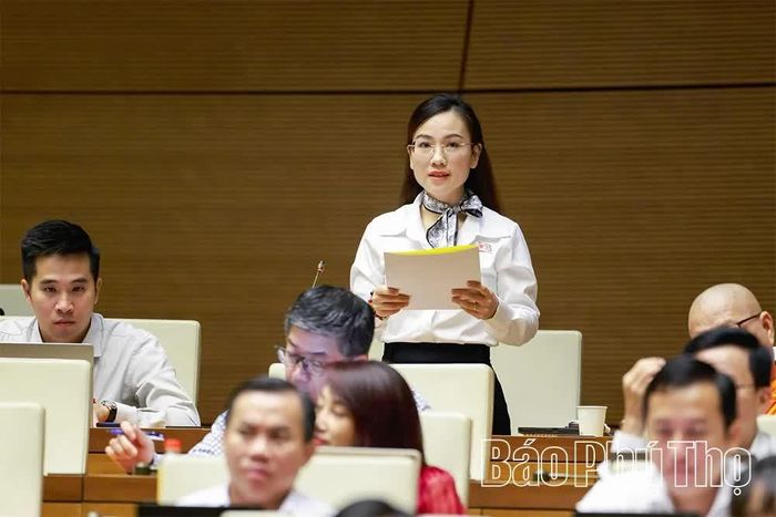 Đại biểu Quốc hội tỉnh Phú Thọ Lưu Thị Thúy Hằng thảo luận ở hội trường.