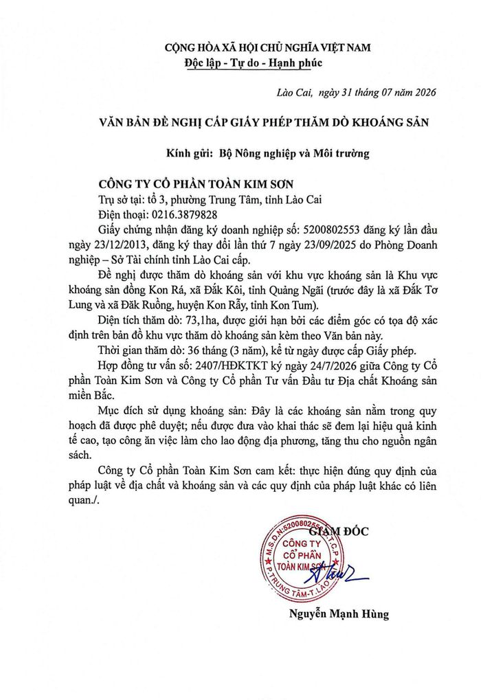 Văn bản đề nghị cấp phép thăm dò của Công ty Cổ phần Toàn Kim Sơn được đăng tải trên Cổng thông tin của Bộ Nông nghiệp và Môi trường.