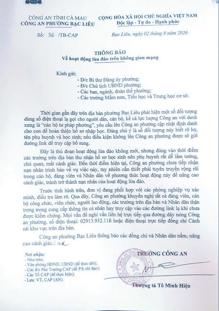 Thông báo của Công an phường Bạc Liêu được các trường học chia sẻ nhằm cảnh báo cho cán bộ, giáo viên và phụ huynh về thủ đoạn lừa đảo liên quan tuyển sinh, nhập học.