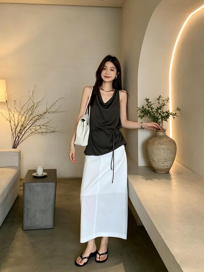 Áo hai dây và chân váy suông là công thức lý tưởng cho những ngày hè nóng bức. (Ảnh: Pinterest)
