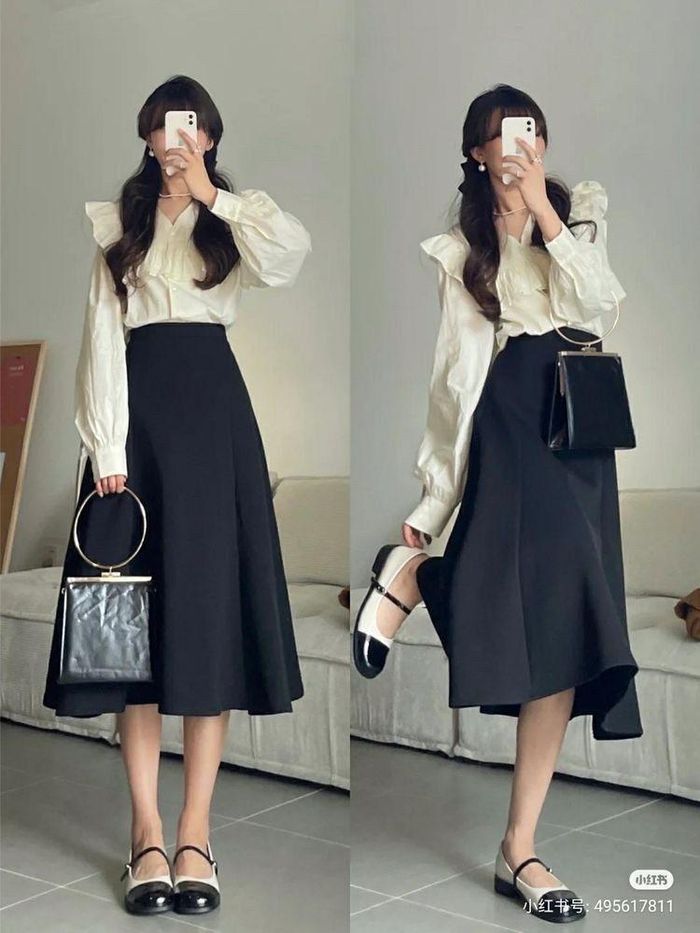 Áo blouse giúp set đồ với chân váy suông thêm nữ tính và tinh tế. (Ảnh: Xiaohongshu)