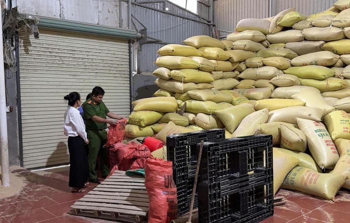 Lực lượng chức năng kiểm tra kho hàng Công ty trách nhiệm hữu hạn 2 thành viên Nông sản Biên Ly. Ảnh: Công an tỉnh Lào Cai