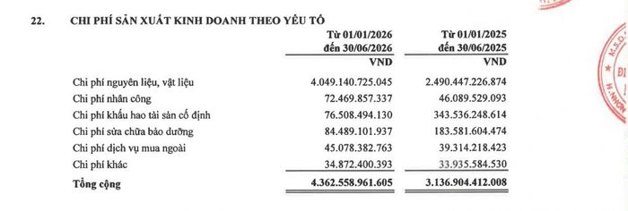 Chi phí khấu hao 6 tháng đầu năm 2026 của NT2 còn 76,51 tỷ đồng so với 343,54 tỷ đồng cùng kỳ, chi phí sửa chữa bảo dưỡng còn 84,49 tỷ đồng so với 183,58 tỷ đồng. Ảnh chụp Thuyết minh số 22 báo cáo tài chính quý 2/2026.