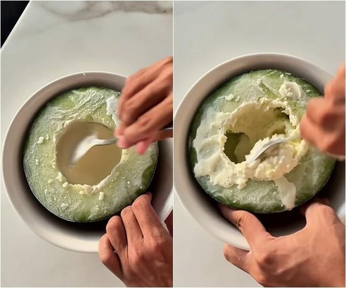 Đức Phúc rất hào hứng, hồi hộp với phần cạo này. Sữa tươi, sữa đặc, whipping cream được hòa lẫn với phần hoa quả đông mát lạnh.