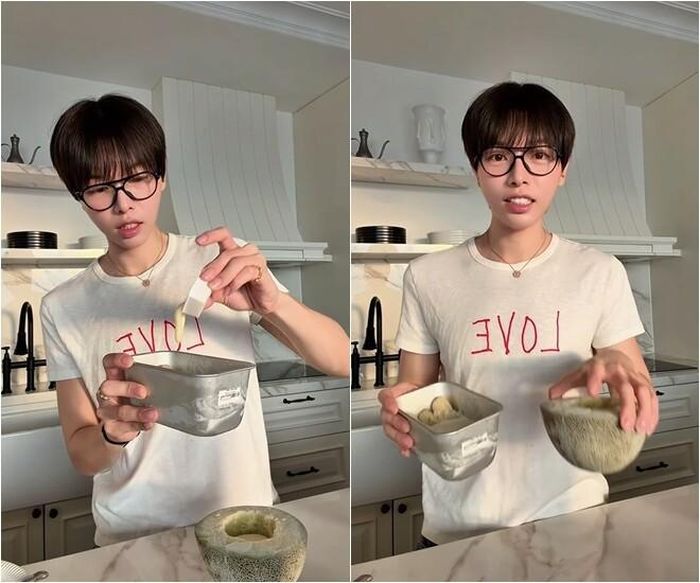 Tiếp đó, anh cho thêm một ít sữa đặc. Giọng ca "Ánh nắng của anh" rất hào hứng chờ đợi món kem siêu mát lạnh với vị hoa quả mình yêu thích.