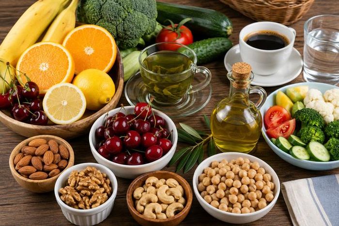 Thực phẩm hỗ trợ kiểm soát acid uric. Ảnh minh họa AI.