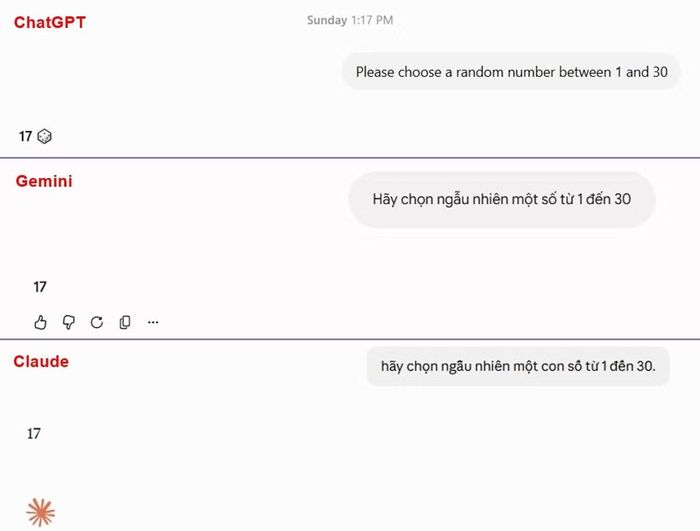 3 mô hình AI phổ biến đều chọn số 17, dù câu lệnh được viết bằng tiếng Việt hay tiếng Anh. Ảnh: HHT.