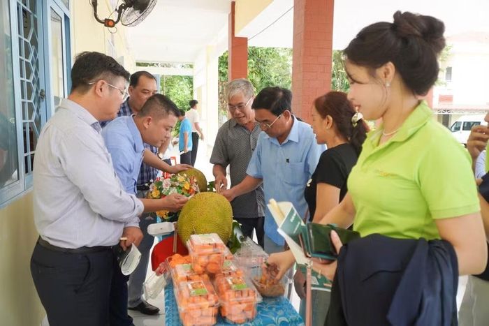 Các đại biểu và người dân địa phương tìm hiểu về trái mít trồng tại xã Cái Ngang. (Ảnh: BÙI DUYÊN)