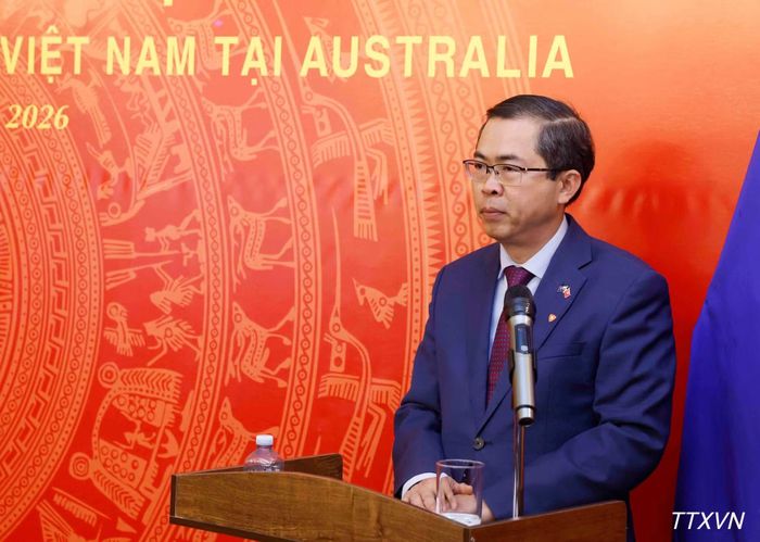 Đại sứ đặc mệnh Toàn quyền nước Cộng hòa xã hội chủ nghĩa Việt Nam tại Australia Phạm Hùng Tâm phát biểu. (Ảnh: TTXVN)