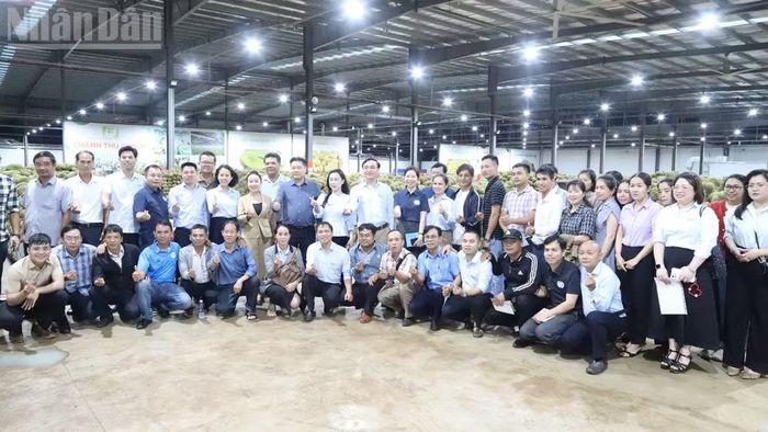 Lãnh đạo Trung tâm Khuyến nông quốc gia cùng các học viên tham gia chương trình tập huấn tại cơ sở sơ chế, đóng gói sầu riêng xuất khẩu của Chánh Thu Group trên địa bàn xã Cuôr Đăng, tỉnh Đắk Lắk. (Ảnh: CÔNG LÝ)