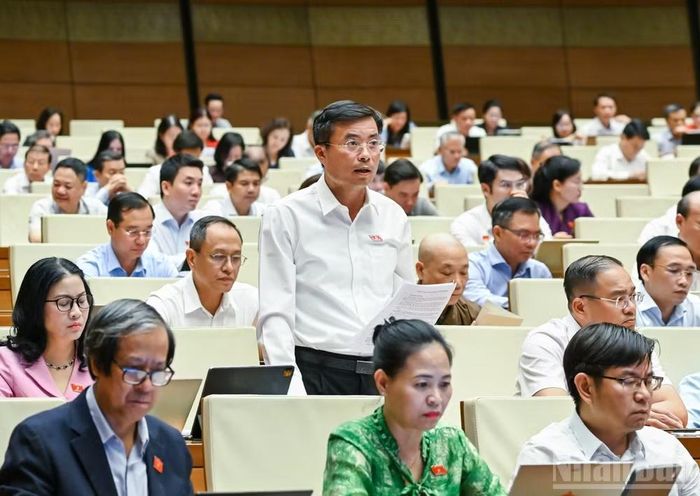 Đại biểu Nguyễn Xuân Kỳ (Đoàn thành phố Hà Nội) phát biểu tại hội trường. (Ảnh: DUY LINH)