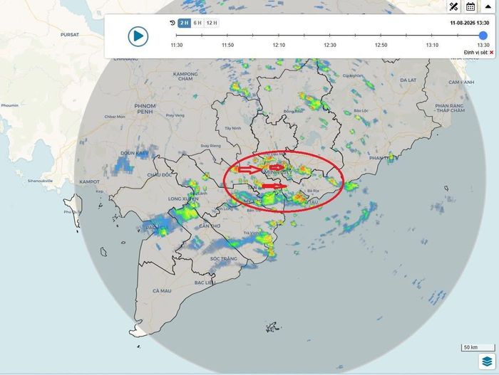 Ảnh radar thời tiết với các ổ mây dông phát triển tại TPHCM, chiều 11-8. Nguồn: Đài Khí tượng - thủy văn Nam bộ