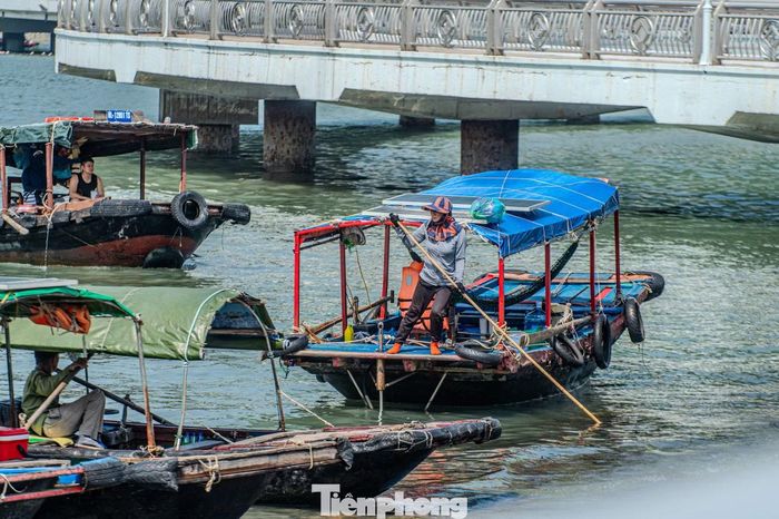 Trên biển, ngư dân tranh thủ thu hoạch hải sản trong cái nắng chói chang. Mặt biển như chiếc gương khổng lồ phản chiếu ánh nắng, khiến cảm giác nóng nực càng nhân lên gấp bội.