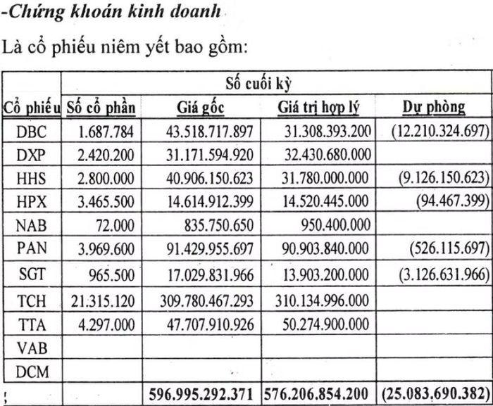 Danh mục đầu tư chứng khoán của NTL.
