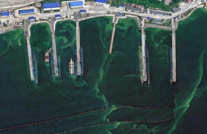 Hình ảnh tàu ngầm được che phủ bởi lưới chống UAV. (Ảnh: Vantor)
