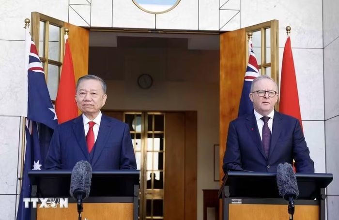 Tổng Bí thư, Chủ tịch nước Tô Lâm và Thủ tướng Úc Anthony Albanese tại cuộc họp báo chung. Ảnh: TTXVN