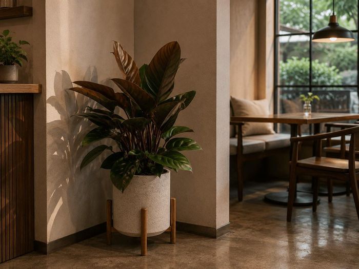 Trầu bà đế vương đỏ làm cho không gian quán cafe trở nên nổi bật và đầy sức sống.