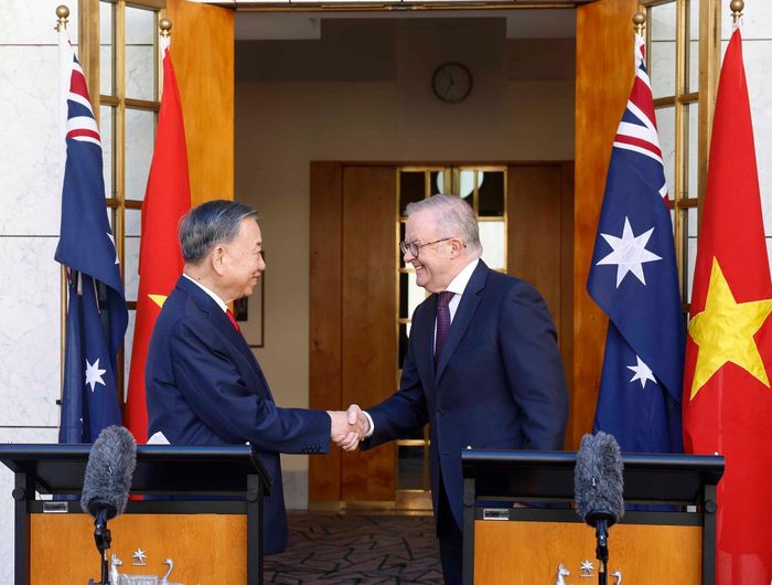 Tổng Bí thư, Chủ tịch nước Tô Lâm và Thủ tướng Australia Anthony Albanese tại cuộc gặp báo chí. Ảnh: TTXVN