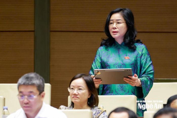 Đại biểu Lê Thị Hoài Chung (Đoàn ĐBQH tỉnh Nghệ An) phát biểu tại phiên thảo luận. Ảnh: Viết Chung
