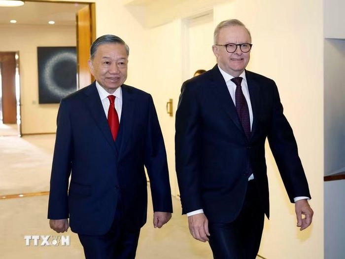 Thủ tướng Australia Anthony Albanese đón Tổng Bí thư, Chủ tịch nước Tô Lâm. (Ảnh: Thống Nhất/TTXVN)