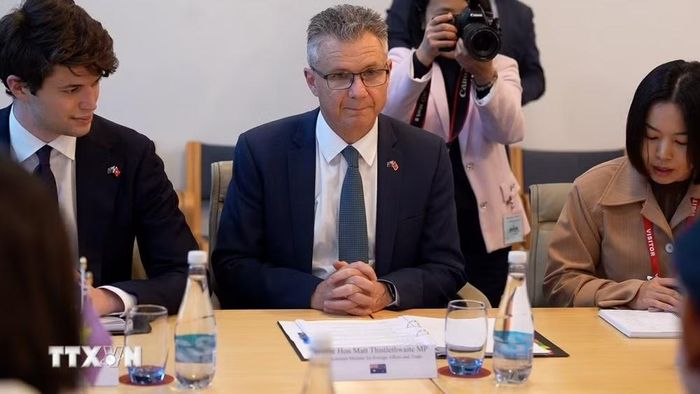 Đồng Bộ trưởng Ngoại giao và Thương mại Australia Matt Thistlethwaite phát biểu tại buổi làm việc với Trưởng Ban Tuyên giáo Trung ương Trịnh Văn Quyết. (Ảnh: PV/TTXVN)