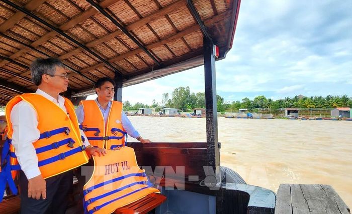 Đoàn khảo sát vùng nuôi thủy sản lồng bè tại xã An Bình. Ảnh: Lê Thúy Hằng – TTXVN