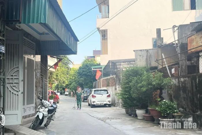 Tại ngõ 40 đường Trương Hán Siêu có nhiều chậu cây xanh đặt sát nhau dưới lòng đường.