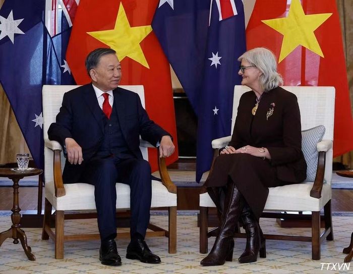 Tổng Bí thư, Chủ tịch nước Tô Lâm hội kiến Toàn quyền Australia Sam Mostyn tại Lễ đón. ̣Ảnh: TTXVN