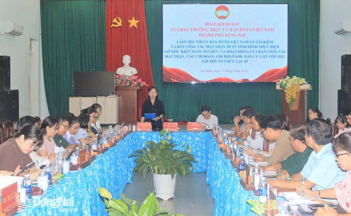 Thành ủy viên, Phó Chủ tịch Ủy ban MTTQ Việt Nam thành phố, Chủ tịch Hội Liên hiệp phụ nữ thành phố Lê Thị Thanh Loan phát biểu tại buổi làm việc. Ảnh: Nga Sơn