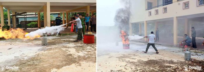Học viên thực hành sử dụng bình chữa cháy xách tay