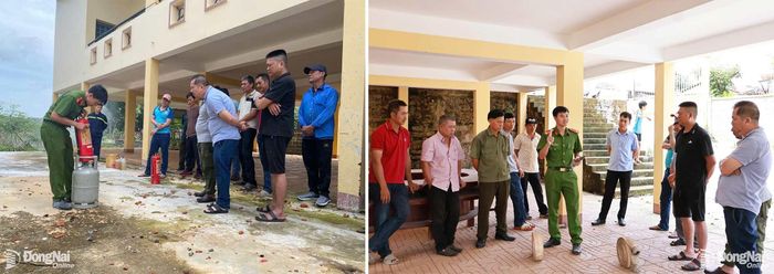 Cán bộ Phòng Cảnh sát PCCC và CNCH hướng dẫn học viên sử dụng bình chữa cháy xách tay và lăng vòi chữa cháy