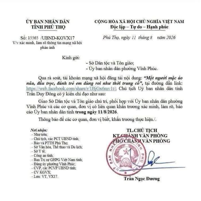 Văn bản chỉ đạo của Chủ tịch UBND tỉnh.