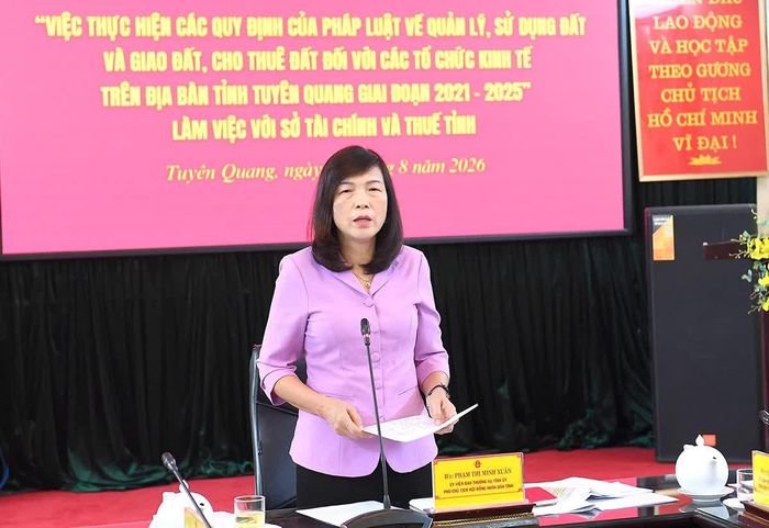Đồng chí Phạm Thị Minh Xuân, Ủy viên Ban Thường vụ Tỉnh ủy, Phó Chủ tịch HĐND phát biểu kết luận buổi làm việc.
