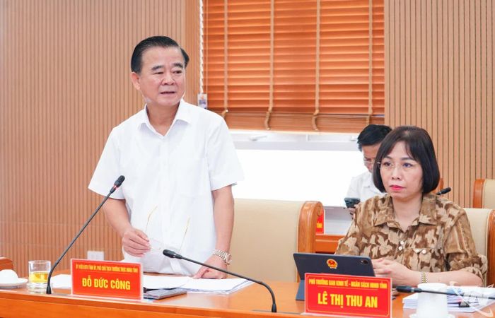 Đồng chí Phó Chủ tịch Thường trực HĐND tỉnh Đỗ Đức Công phát biểu tại Hội nghị.