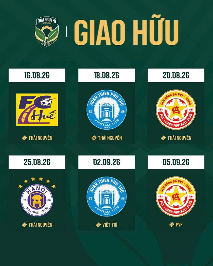 Lịch thi đấu giao hữu của Câu lạc bộ Bóng đá Thái Nguyên.