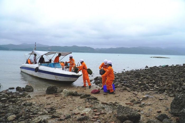 Nhân viên Công ty Điện lực Quảng Ninh vượt qua những khó khăn của địa hình hiểm trở để kiểm tra hệ thống lưới điện trên huyện đảo Cô Tô