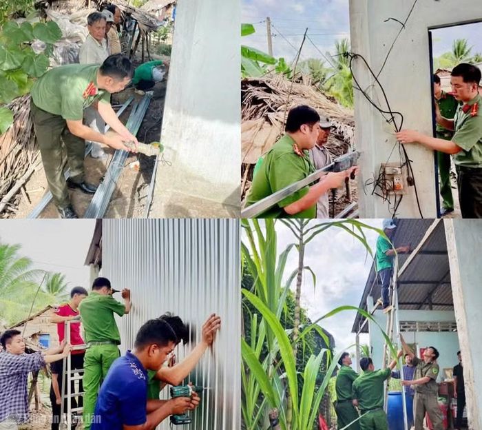 Công an xã Long Hưng phối hợp hỗ trợ sửa chữa nhà cho người dân có hoàn cảnh neo đơn.