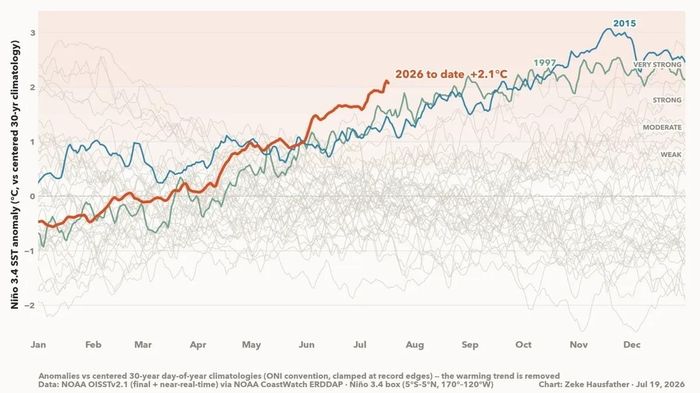 Biến động nhiệt độ hàng ngày tại vùng El Nino 3.4 ở trung tâm Thái Bình Dương qua dữ liệu vệ tinh, cho thấy El Nino 2026 mạnh hơn các đợt rất mạnh năm 1997 và 2015. (Nguồn: Berkeley Earth)