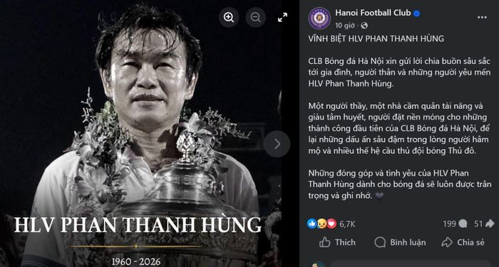  Bài đăng tiễn biệt HLV Phan Thanh Hùng của CLB Hà Nội. 